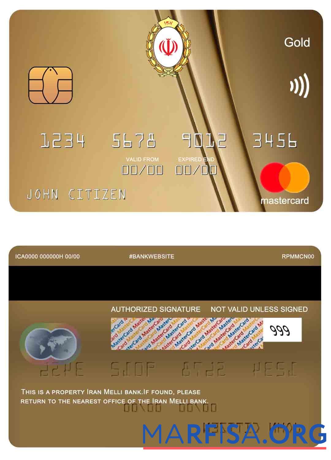 Printable Iran Melli Bank mastercard gold real example